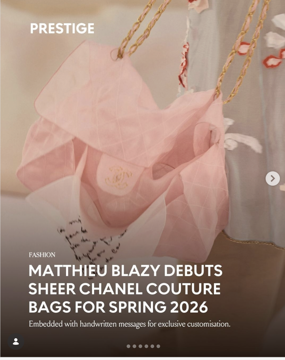 Chanel SS26 Haute Couture sheer 11.12 bag — crafted from silk with a handwritten embroidered note.